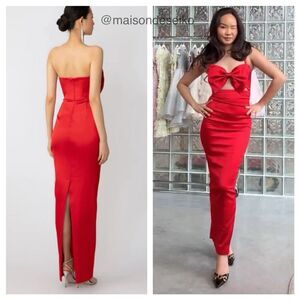 Sau Lee Maxi Dress Red Satin Bow Esther Gown Strapless Holiday Christmas size 2